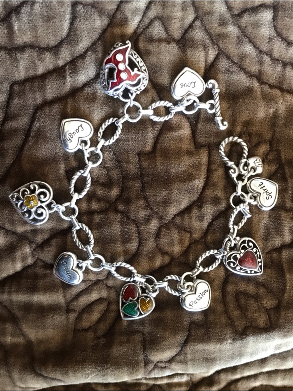 Brighton Silver Heart Charm Bracelet with Red, Green, Yellow Accents